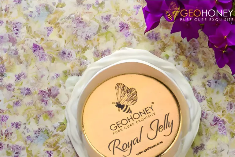 A jar of royal jelly, a gelatinous substance produced by worker bees to nourish queen bees. Natural elixir for healthy ageing.